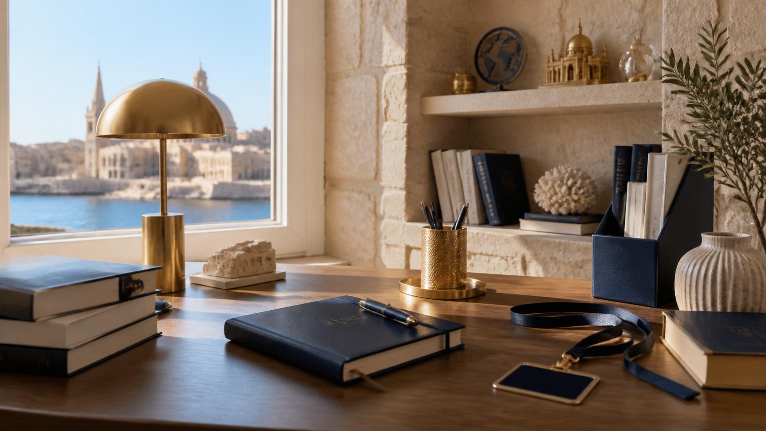 Interpreter workspace in Malta with notebook, ID lanyard and language reference books
