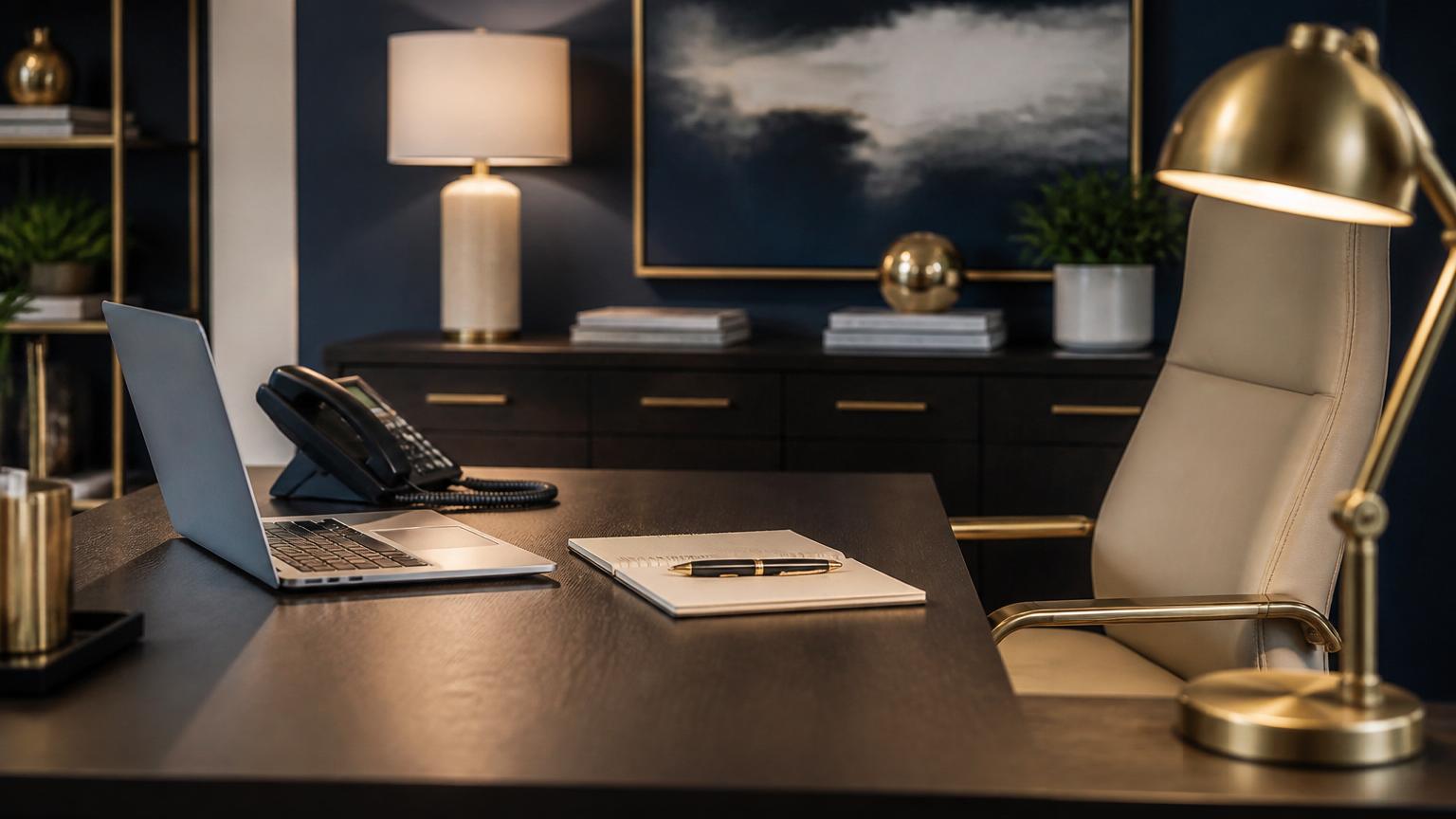 Executive office desk with laptop, phone and notebook