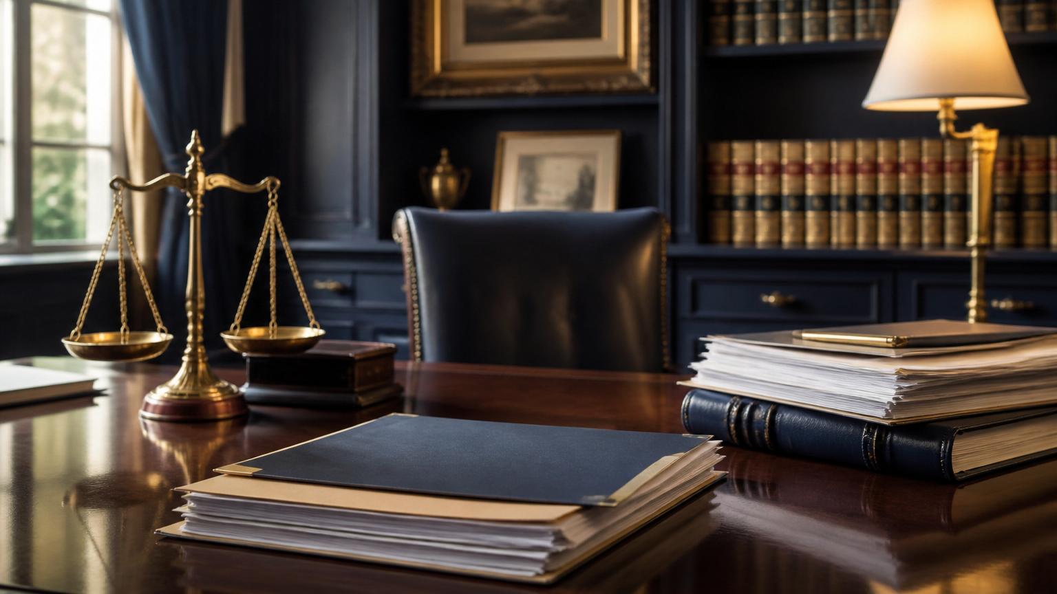 Legal office desk with law books, case files and brass scales of justice