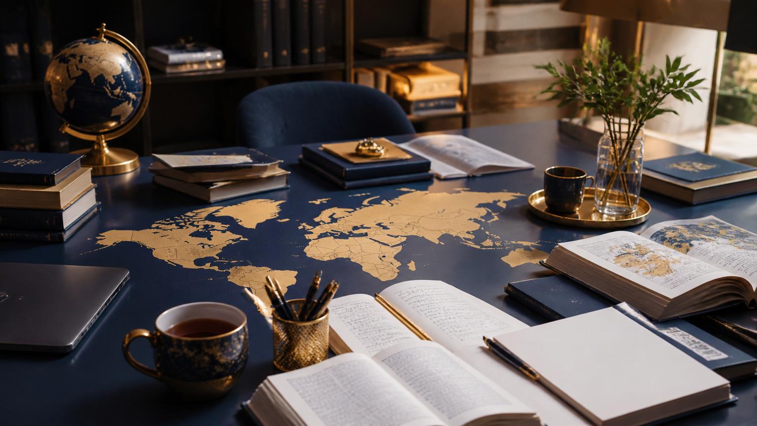 Collaborative table with translation notes, dictionaries and a world map