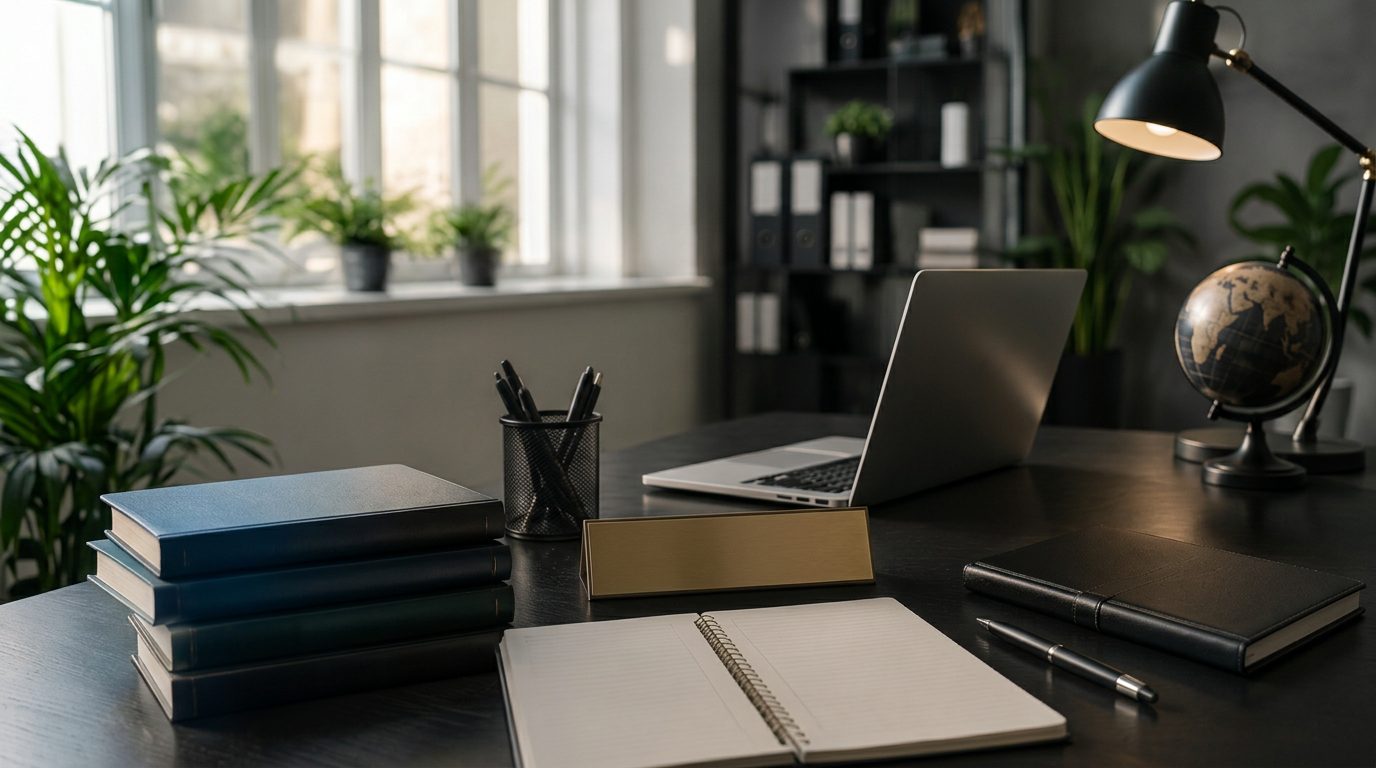 Executive interpreter desk in Malta with laptop, legal and medical documents and a globe