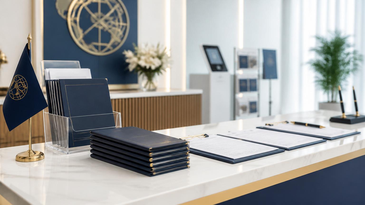 Government consultation desk with travel document folders and application forms