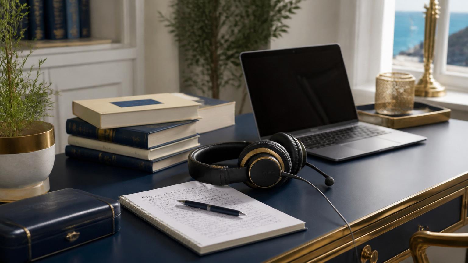Interpreter desk in Malta with headset, notepad and bilingual dictionaries