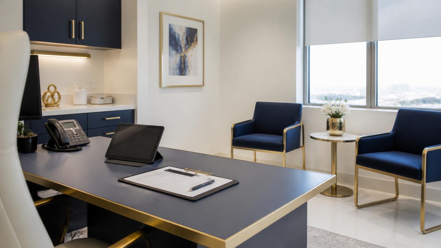 Modern hospital consultation room with clipboard, tablet and seating