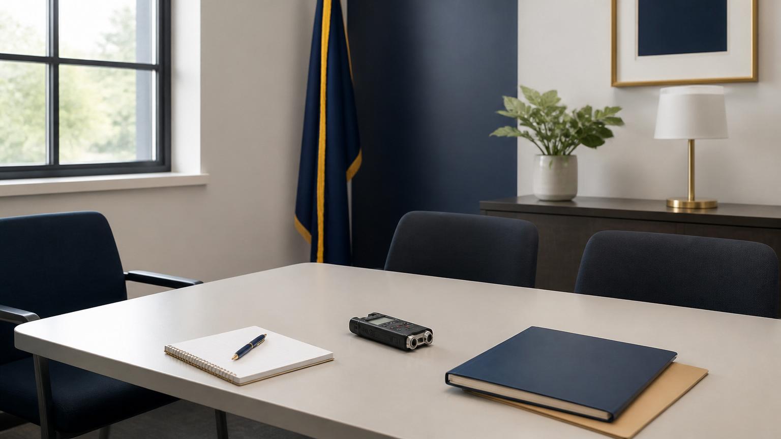 Calm institutional interview room with notebook, recorder and folders