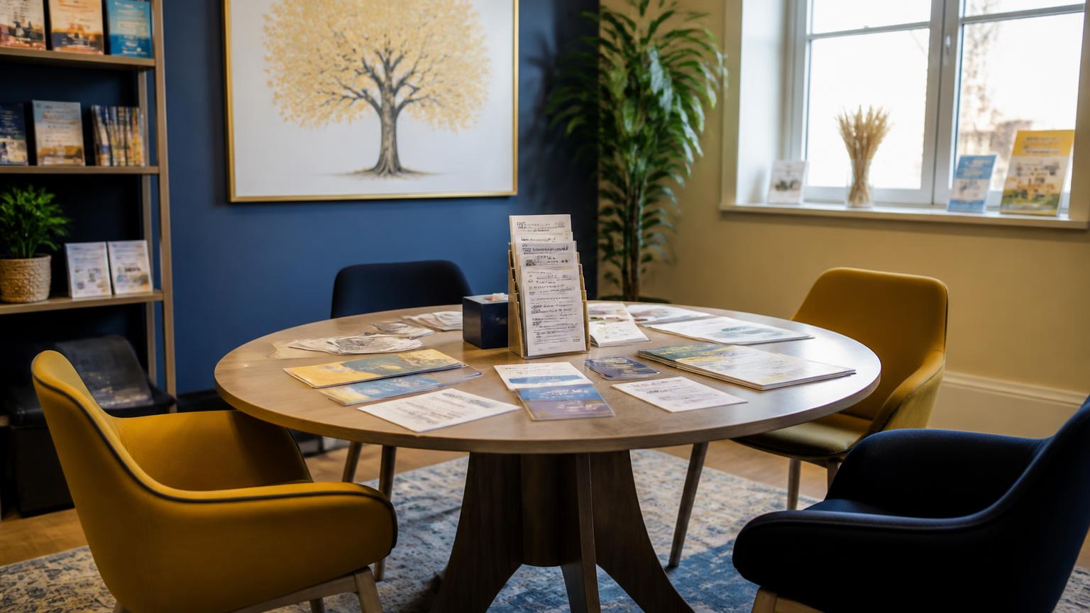 NGO consultation room with multilingual leaflets and comfortable seating